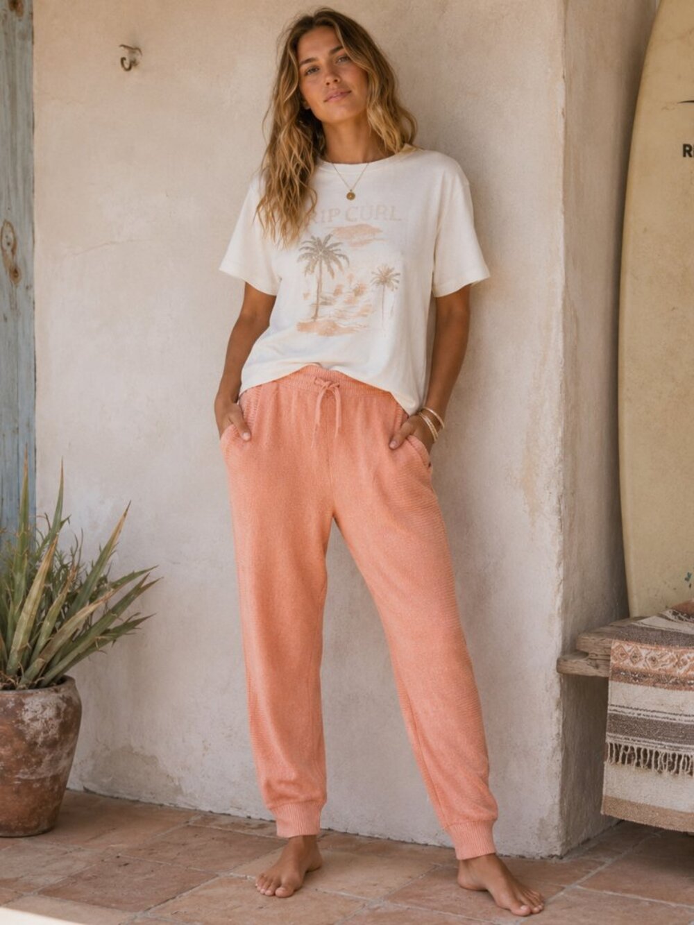 Rip Curl Classic Surf Pants Womens L Coral Peach Cotton Beach Jogger Coastal